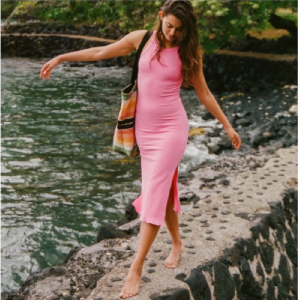 O’NEILL - LAGOON SOLID RIB KNIT MIDI DRESS pink size small - Picture 1 of 12